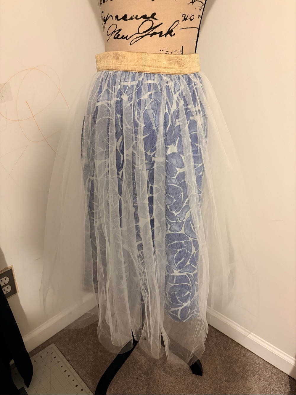 Blue Floral Midi Skirt with White Sheer Overlay and Gold Waistband